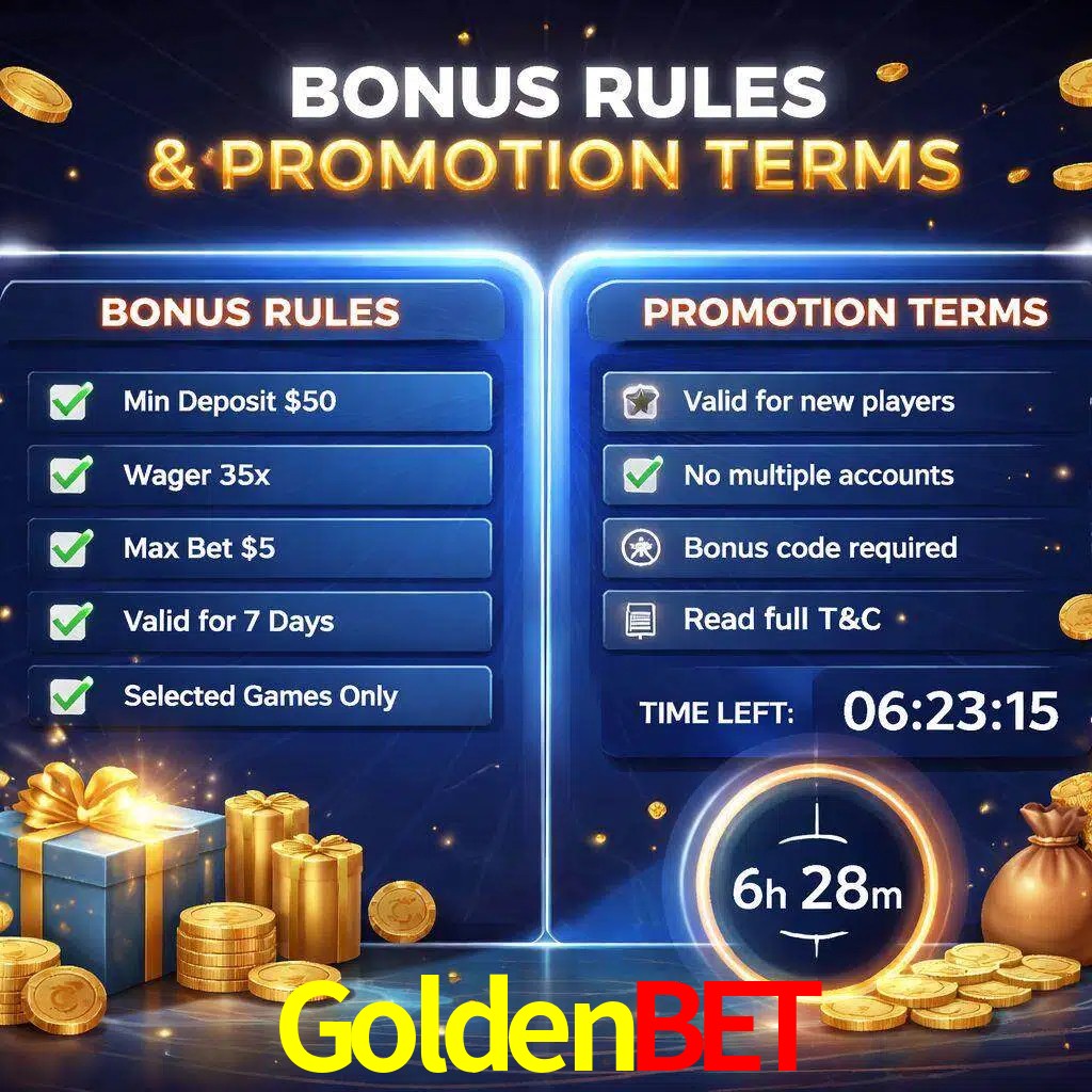 Reglas de promoción GoldenBet y condiciones de bonos explicadas visualmente