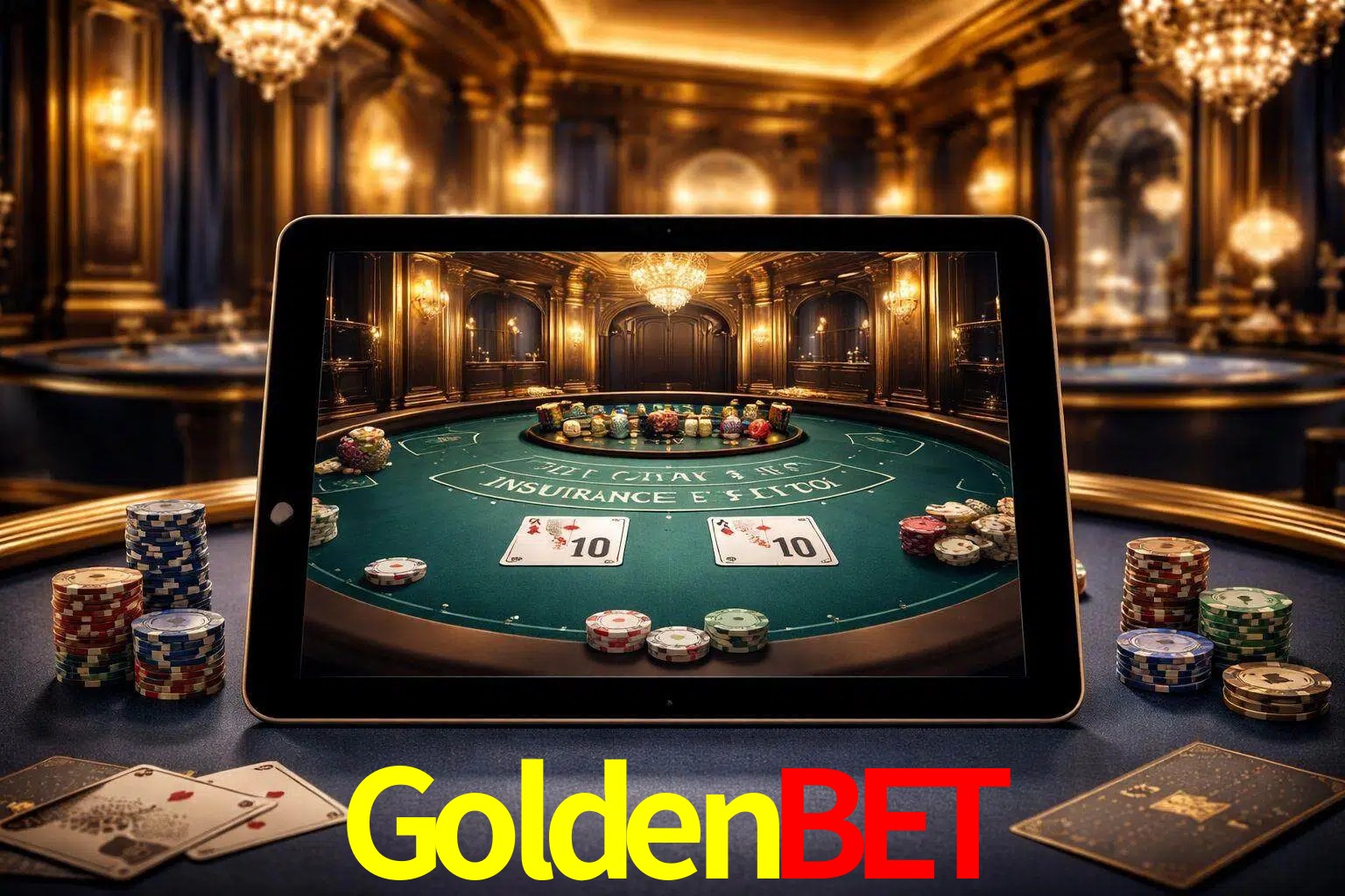 Configuración moderna de casino en vivo con una tableta mostrando una mesa de blackjack, luces cálidas de estudio y una atmósfera elegante de juegos digitales.