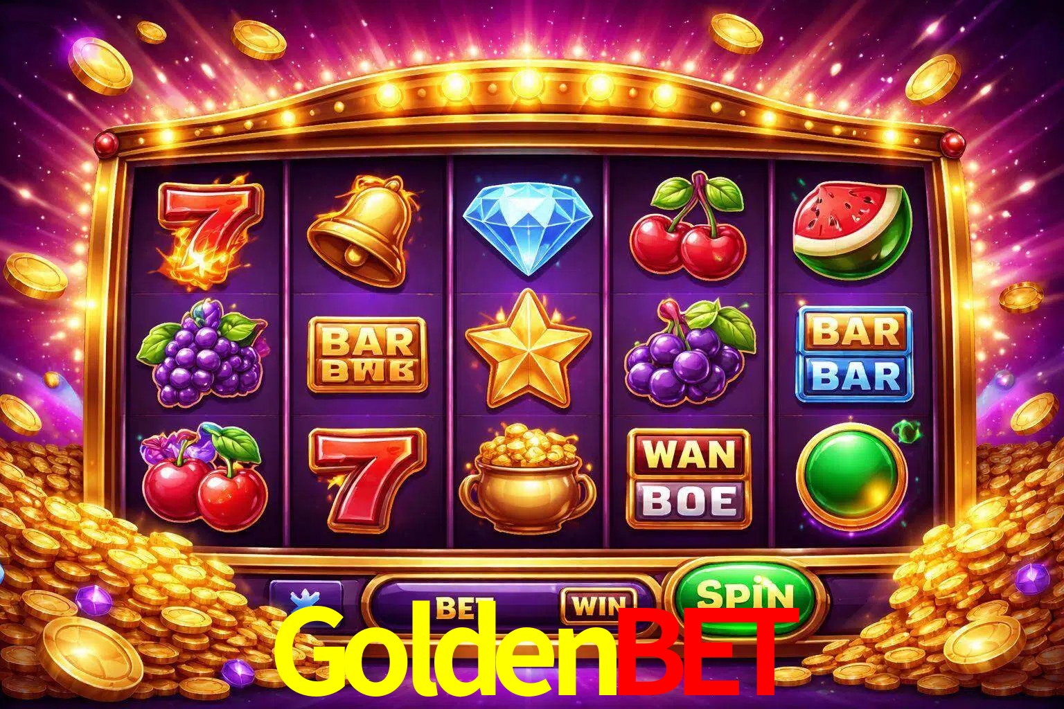 Una interfaz colorida de tragamonedas en línea con símbolos brillantes, monedas y un efecto de victoria celebratoria en GoldenBet.