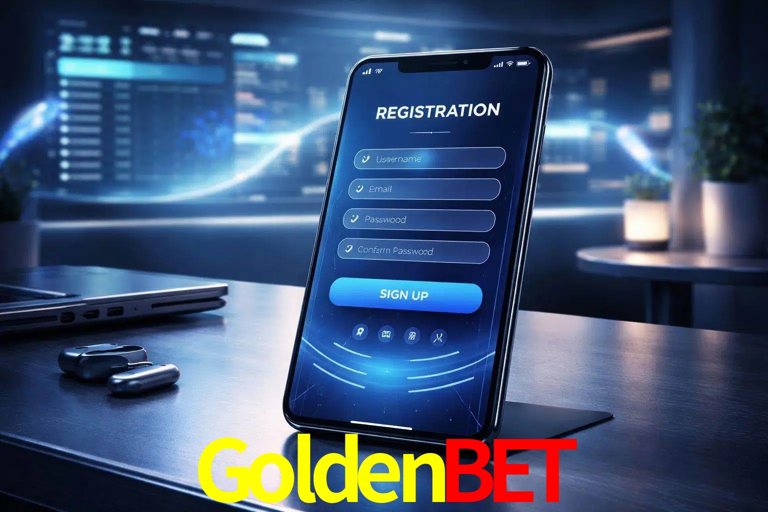 Una interfaz moderna de registro móvil para GoldenBet mostrada en un smartphone con un panel de apuestas elegante.